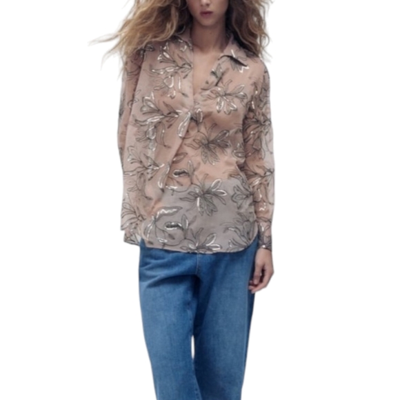 Zara Tops - Zara NWT Sheer and sequins pink Blouse Floral design. Size XS